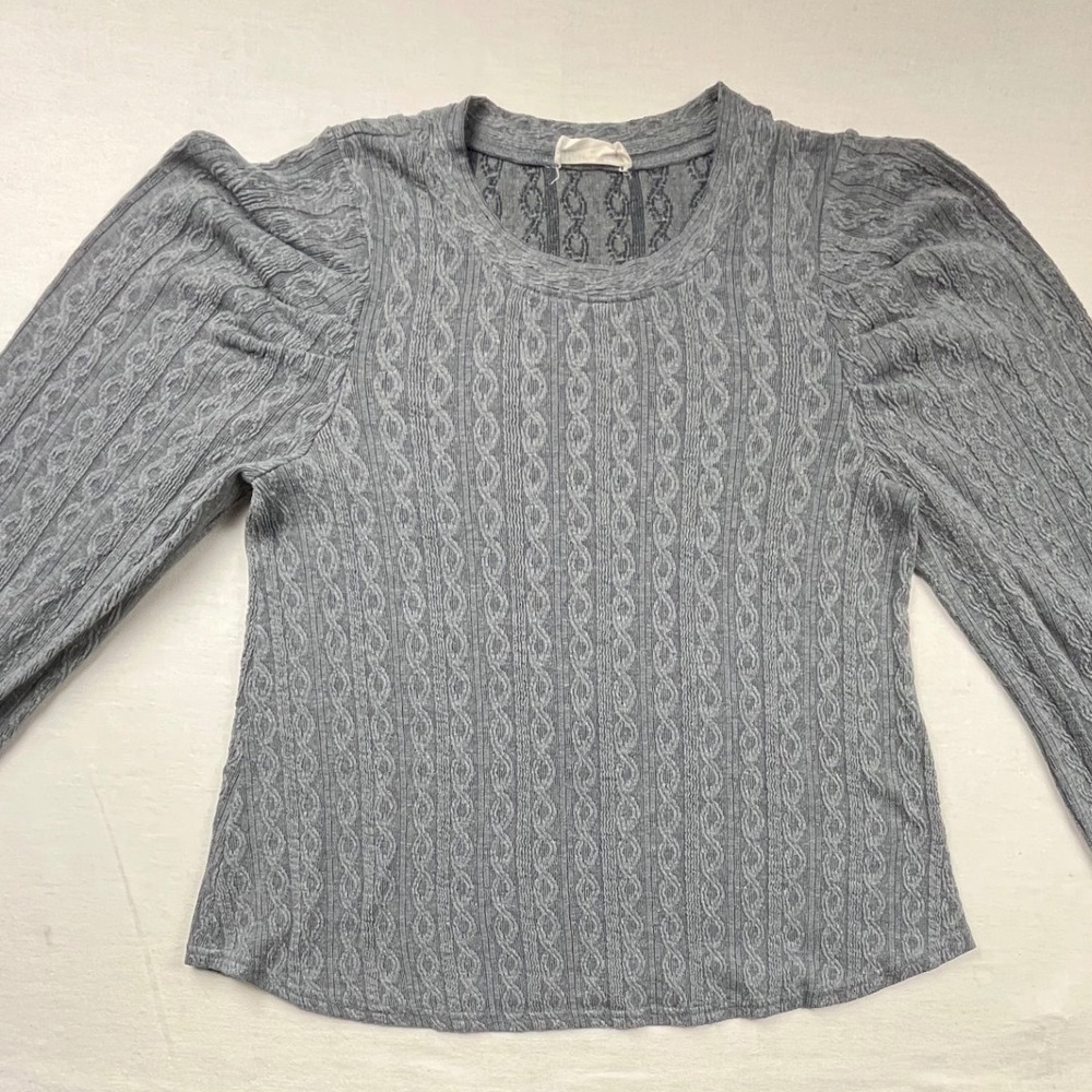 New In Women Gray Cable Knit Puff Sleeve Top Crew Neck Size Medium